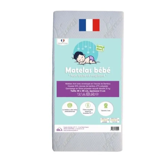 Matelas bébé en Bambou pour berceau 40x90 cm - EASY DORT - Densité 25kg - Taille 40x90 cm - épaisseur 5 cm-1