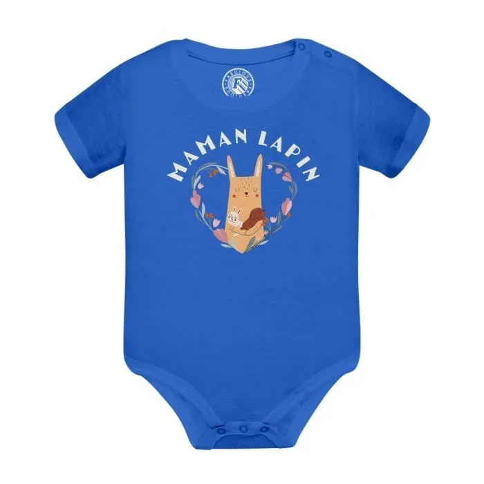 Body Bébé Manche Courte Bleu Maman Lapin et ses Bébés Dessin Illustration-0