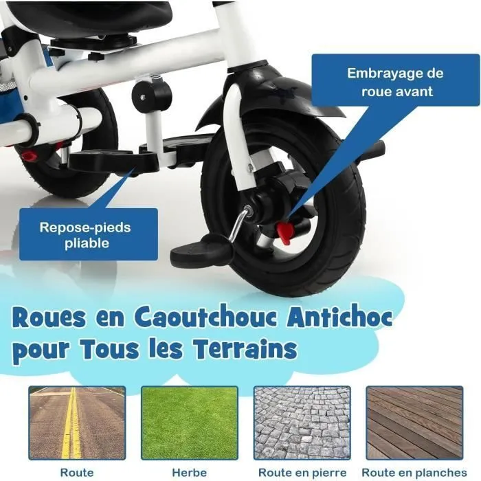 COSTWAY 4 en 1 Tricycle Bébé Évolutif 1-5 ans, Draisienne Vélo Pliable Enfants, Siège Réversible, Panier, Poignée Réglable, Bleu-3