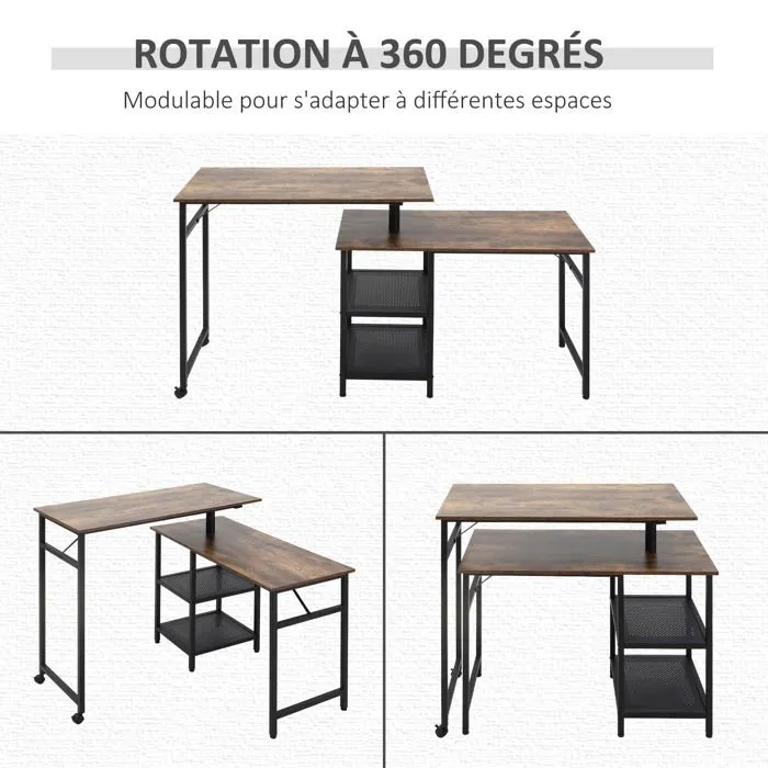 Bureau informatique - HOMCOM - Design industriel modulable - 2 étagères - Aspect vieux bois métal noir-4