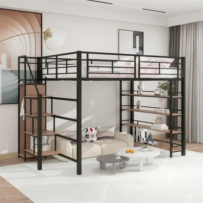 Lit mezzanine - DREAMMESPACE - 140x200cm - Noir - Échelle de rangement - Petite penderie intégrée-0