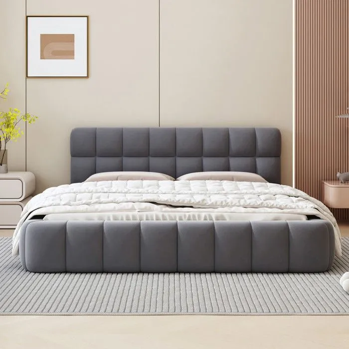 MODERNLUXE Lit rembourré 140x190 cm, lit pour jeunes, avec dossier souple, avec bordure rembourrée, lin, gris-0