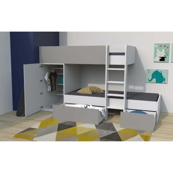 WEBER Lit superposé enfant contemporain blanc et gris - l 90 x L 190 cm - TWIN-4