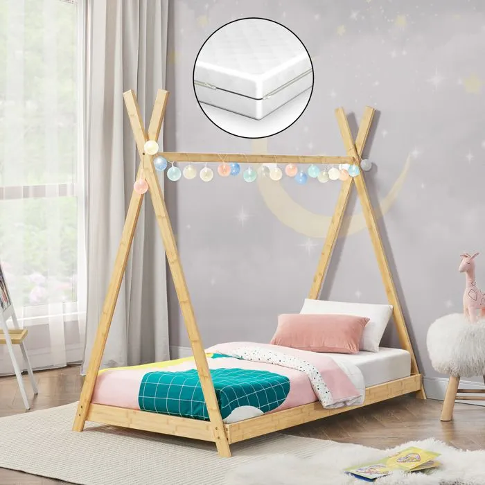 Lit tipi Vimpeli 80 x 160 cm pour enfant avec matelas bambou naturel [en.casa]-0