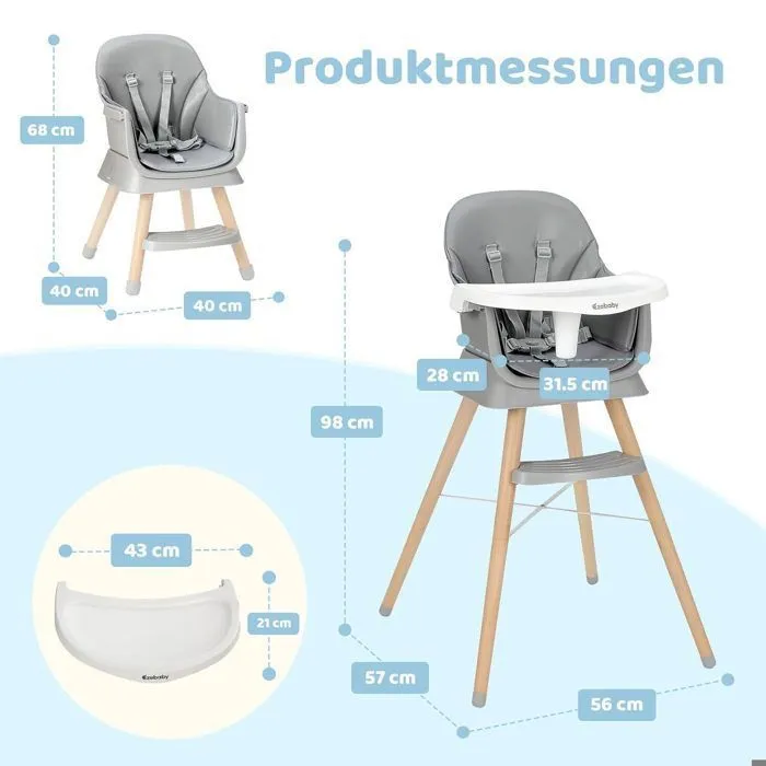 Chaise haute rehausseur, tabouret de bar, chaise haute multifonctionnelle 6 en 1, pieds en bois, à partir de 6 mois, gris-5