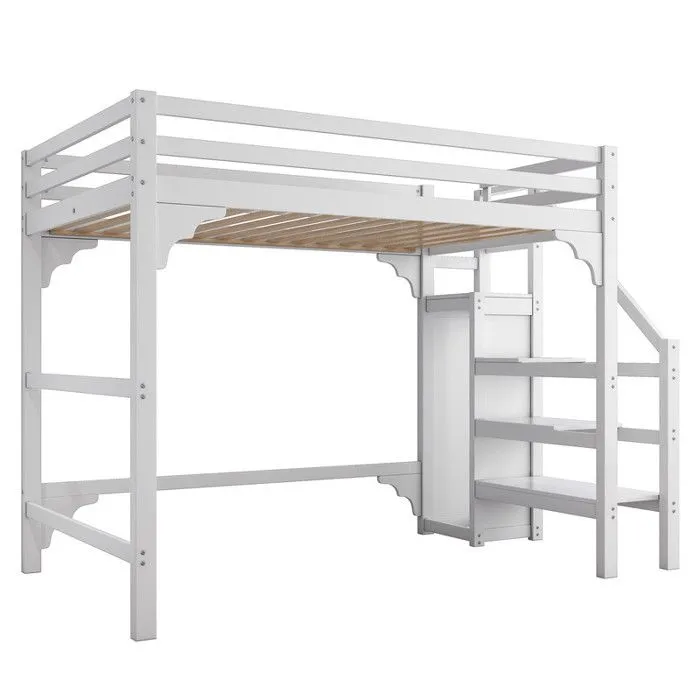 MODERNLUXE Lit mezzanine 140x200cm avec marches, penderie, rangements, blanc-2