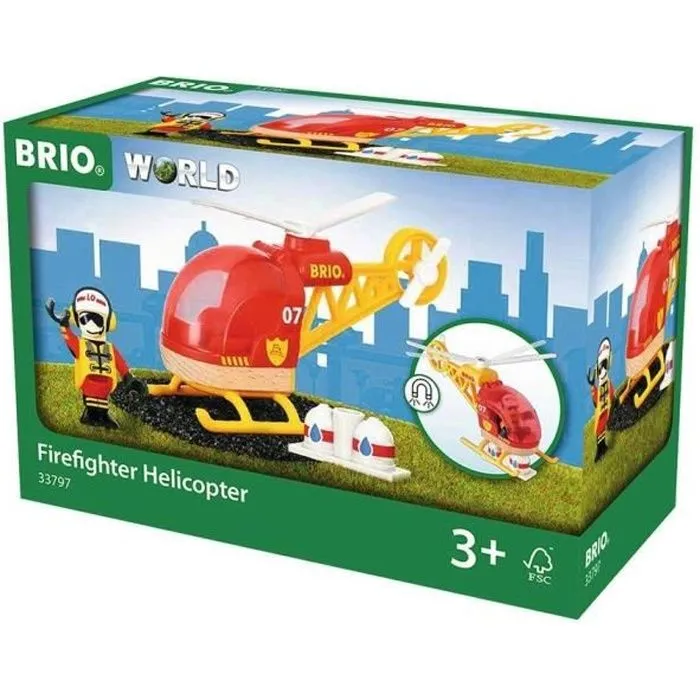 Hélicoptère des Pompiers BRIO World - Circuit de train en bois aimanté - Rouge et Jaune - Mixte dès 3 ans-0