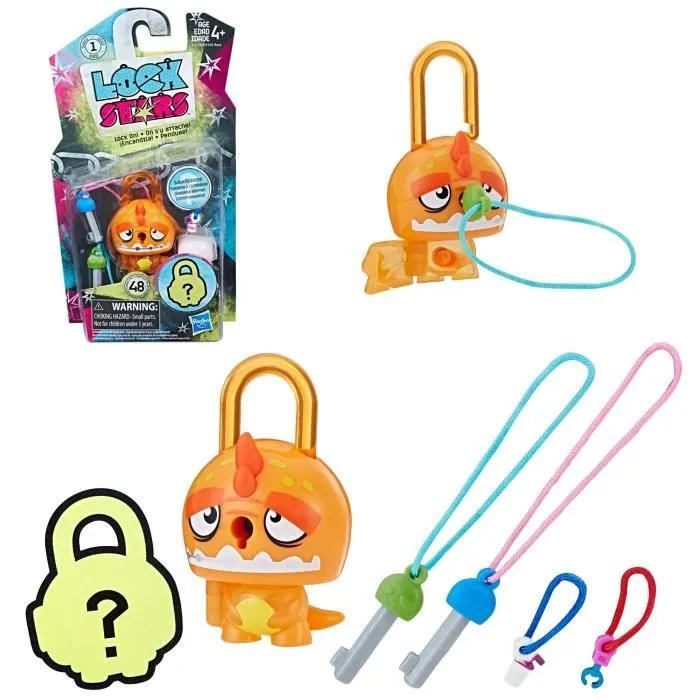 LOCK STARS Série 1 - Multi Pack Cadenas : Orange Dinosaur + Blue Horned Mon + Cactus - Mini Figurines à collectionner-1