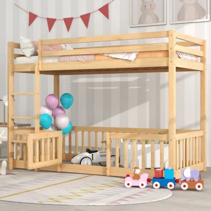 Lit superposé enfant 200 x 90 cm avec escalier, Lit enfant avec barrières et porte en bois massif, Chêne-0
