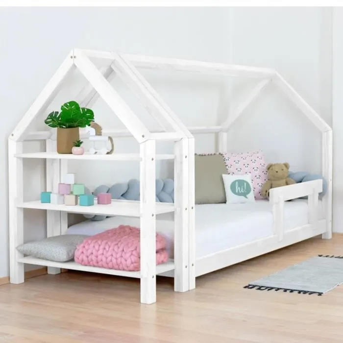 Lit cabane en bois TERY avec étagère 120 x 190 blanc - GENERIQUE - Enfant - A lattes - Avec tiroirs-1