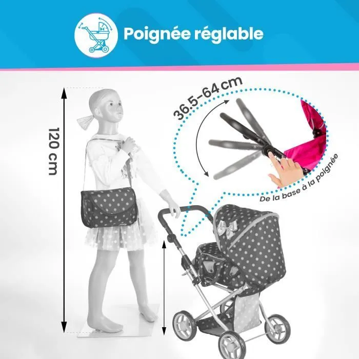 Kinderplay Poussette Jouet, Poussette Landau pour Poupée, Gondola, Combi Poignée Ajustable 32-63cm 2en1 KP0200G krd-2