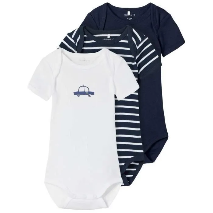 Combinaisons Body 3 Pack - NAME IT - Mixte - Coton biologique - Manches courtes - Bleu-0