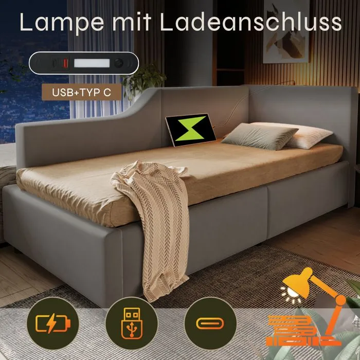Lit coffre 90x200cm - Velours - Avec liseuse et ports USB-C - Sommier à lattes - Gris-4