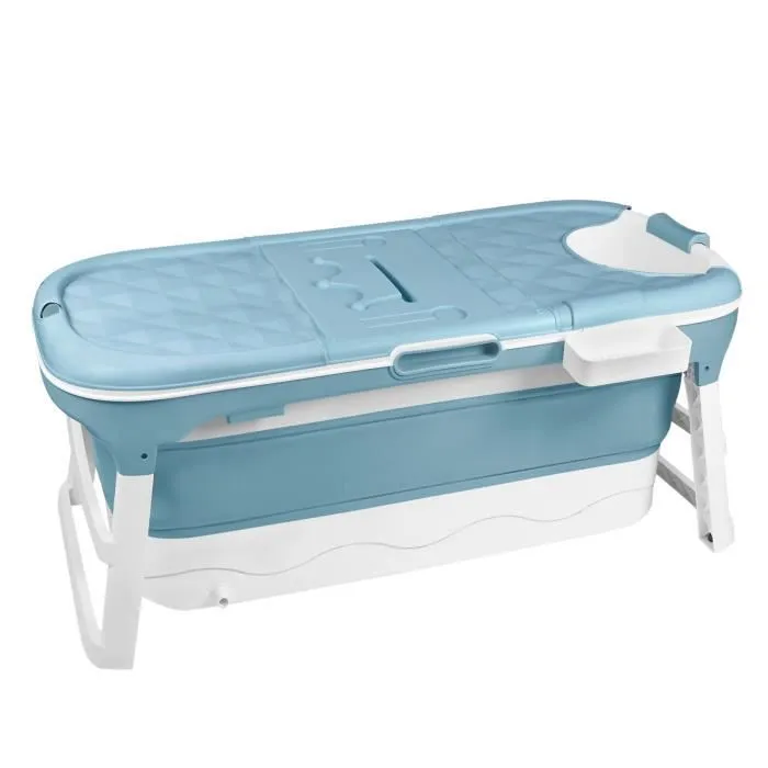 LZQ Baignoire pliable adulte, couvercle amovible, accoudoirs, panier à savon, PP+TPE, 128x62x52cm, bleue, pour salle de bain et SPA-2