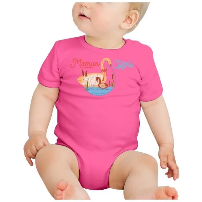 Body Bébé Manche Courte Rose Maman Cygne et son Bébé Dessin Illustration-1