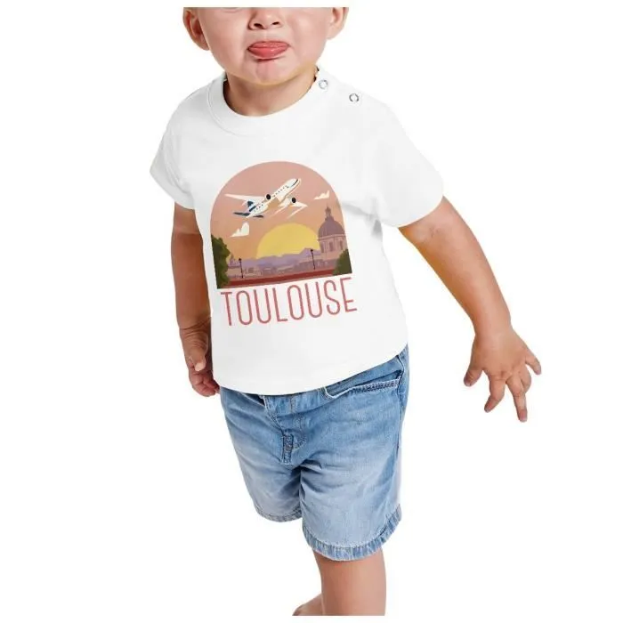 T-shirt Bébé Manche Courte Blanc Toulouse Paysage Avion Ville France Voyage-1