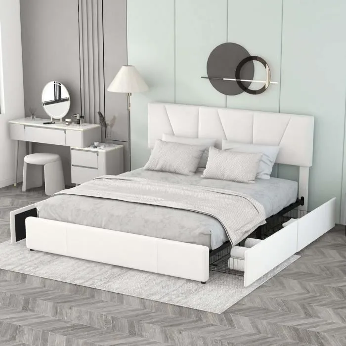 Lit adulte 160x200 cm, Lit capitonné avec 4 tiroirs, en velours, Tête de lit réglable, Beige-0
