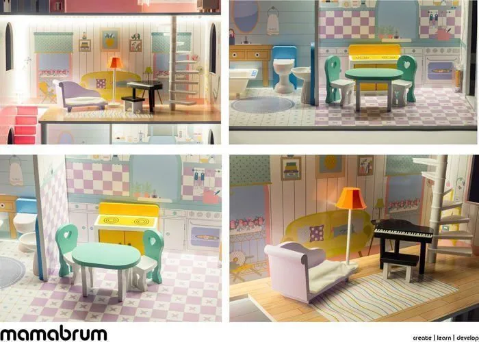 Grande Maison de Poupées en Bois Mamabrum, Éclairage LED, Jardin, 3 Étages,  4 Pièces,  Meubles Mobiles Piano, Lit, Canapé, Cuisine-5