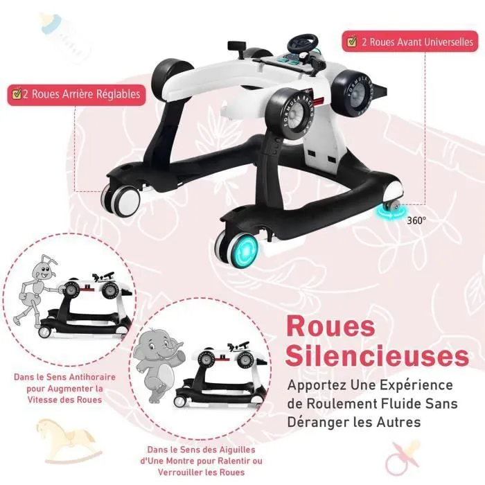 COSTWAY Trotteur Bébé Pliable Musical 4 en 1 Apparence de Voiture Pousseur Hauteur et Vitesse Réglables avec Lumière Volant Blanc-3