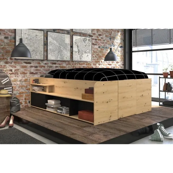 ODYSSEE Lit coffre adulte - 140x190/200 cm - Avec coffre relevable - Décor chêne et noir - 166,2 x 66,5 x 205,8 cm-1