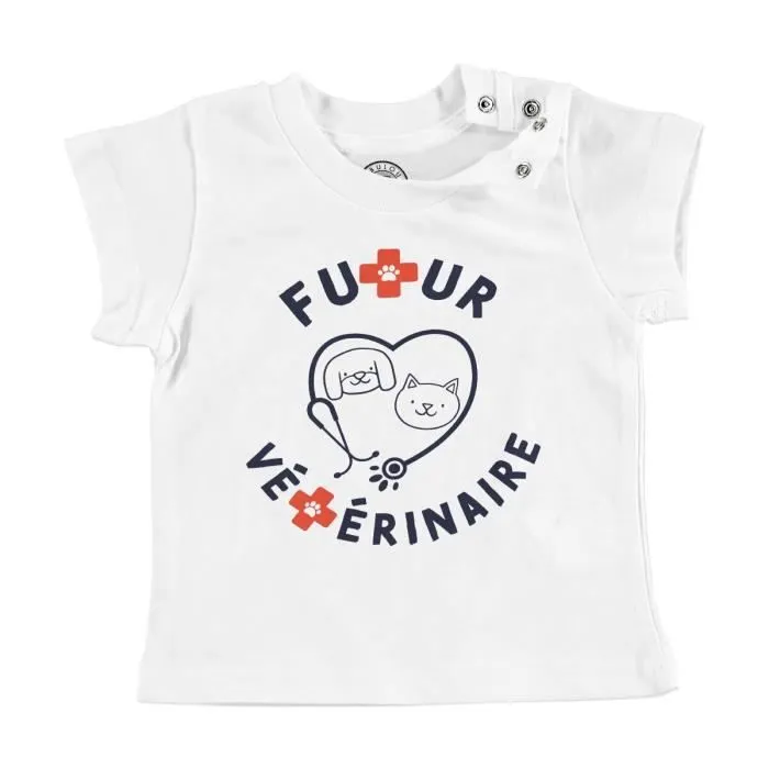 T-shirt Bébé Manche Courte Blanc Futur Vétérinaire Métier Animaux Chien Chat-0