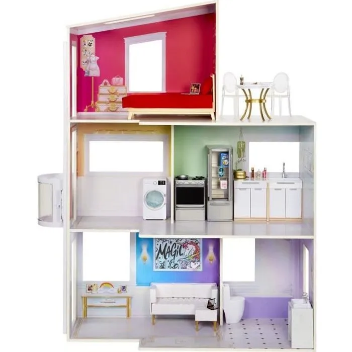 Rainbow High Townhouse - Maison en bois 3 étages et 6 pièces - Ascenseur fontionnel et meubles mobiles-0