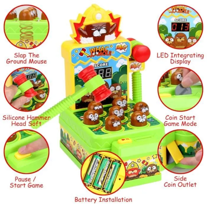Jeu de la Taupe,Mini Jeu d'arcade électronique,Jeu de pièces de Monnaie sur Banc de Frappe avec 2 marteaux,Jeu pour Les Tout-Petits-2