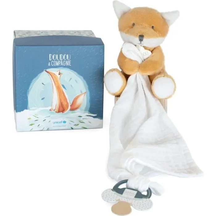Doudou et Compagnie -UNICEF PANTIN AVEC DOUDOU attache-sucette – renard - 12 cm - Orange - boite cadeau- DC3786-0