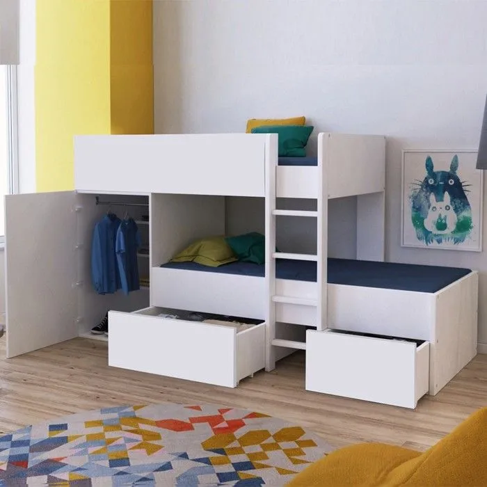 Lit superposé TWIN 90x190 avec armoire et tiroirs + 2 sommiers / Blanc-0