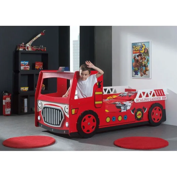 Pack - Lit Enfant & Matelas "Camion de Pompier" 90x200cm Rouge-1