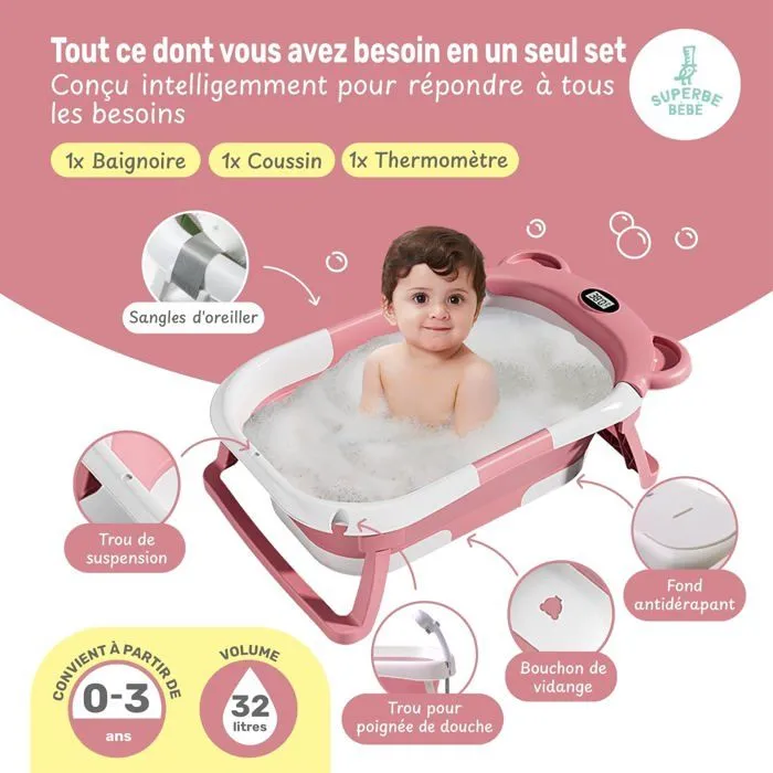 Baignoire bébé pliable - Thermomètre et coussin inclus - BEAR - Pink | SUPERBE BEBE-1