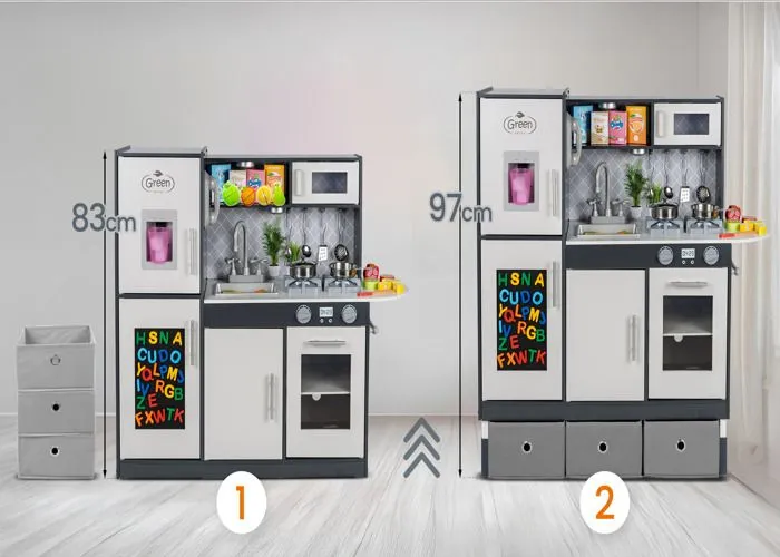 Kinderplay Grande Cuisine Enfant en Bois - Accessoires, éclairage LED, Hauteur de 83 cm, Couleur Grise, GS0057-1-3
