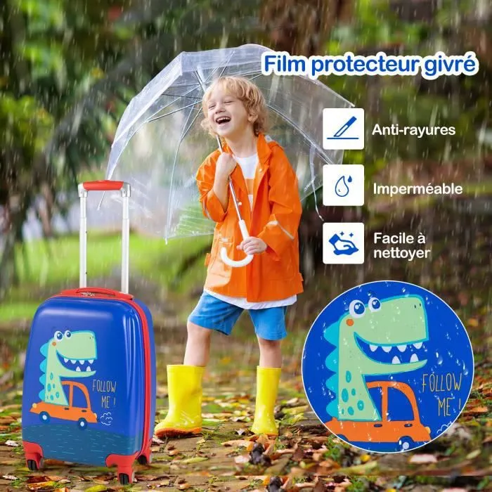Valise Cabine Enfant 18”+ Sac à Dos 12,5” - COSTWAY - Dinosaure - Poignée Rétractable - Étanche-1