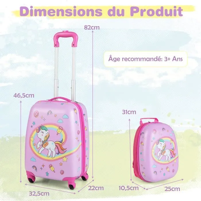 COSTWAY Valise Enfant à Roulettes 16’’ + Sac à dos 12’’, Ensemble de Bagage Enfants avec Motif Licorne, pour voyages en avion, Rose-3