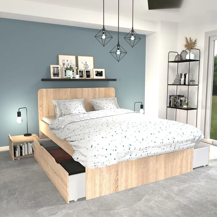 Lit double - LEQUAIDESAFFAIRES - ZENIA 140x190 - Chêne blanchi - Avec tiroirs - Contemporain-0