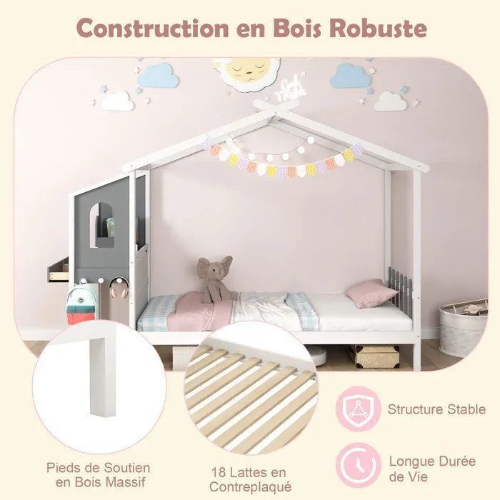 COSTWAY Lit Simple 200 x 90 cm avec Bureau, Lit Plateforme avec Crochets et Tiroirs, 18 Lattes en Bois, Structure de Lit Blanc Gris-2