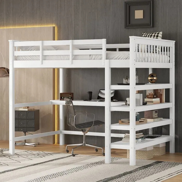 Lit mezzanine - AUTREMENT - 140x200cm - Bureau intégré - Rangement - Blanc-0