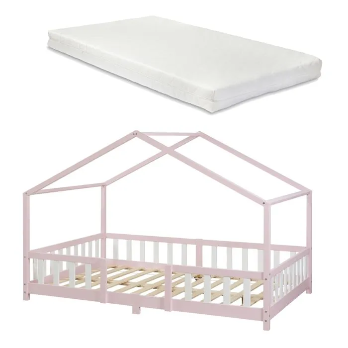 Lit d'enfant Treviolo Forme Maison avec Matelas à Mousse à Froid 200 x 140 cm Rose-2