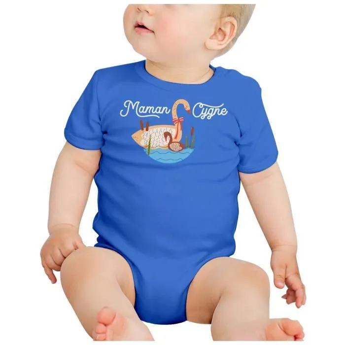 Body Bébé Manche Courte Bleu Maman Cygne et son Bébé Dessin Illustration-1