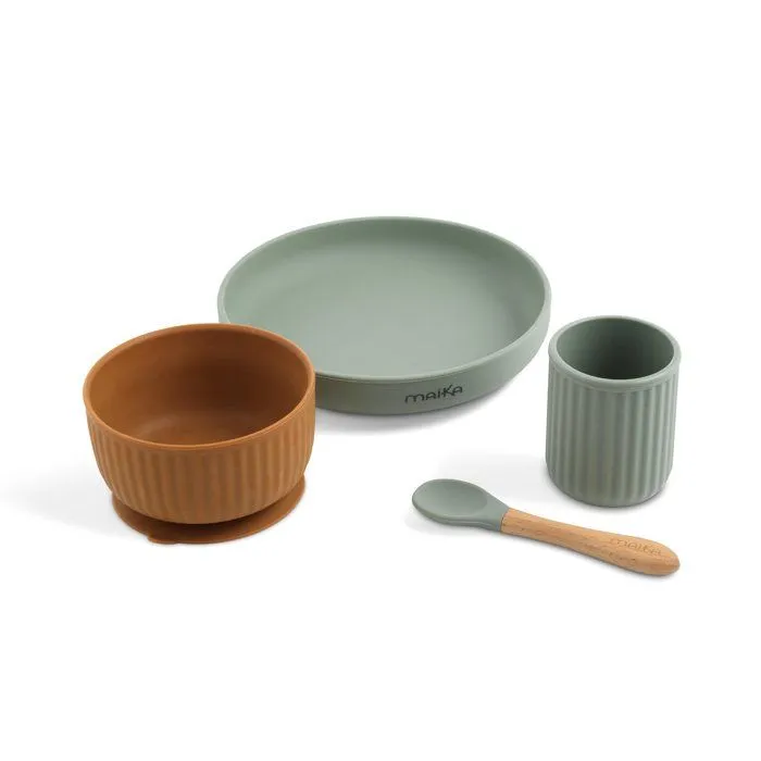 MAÏKA Coffret Repas en Silicone vert, contient 1 assiette avec ventouse, 1 bol avec ventouse, 1 gobelet et 1 cuillère-1