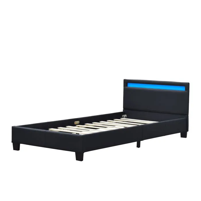 angel - Solide et Confortable Lit 90x200 avec Sommier Tte de Lit avec Eclairage LED Couleur NOIR Pieds en 10 c-4