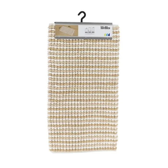 TENDANCE - Tapis de salle de bain Tricolore Blanc et Nuance de Beige en Polycoton Boules 50 x 90 cm Blanc Taupe-0