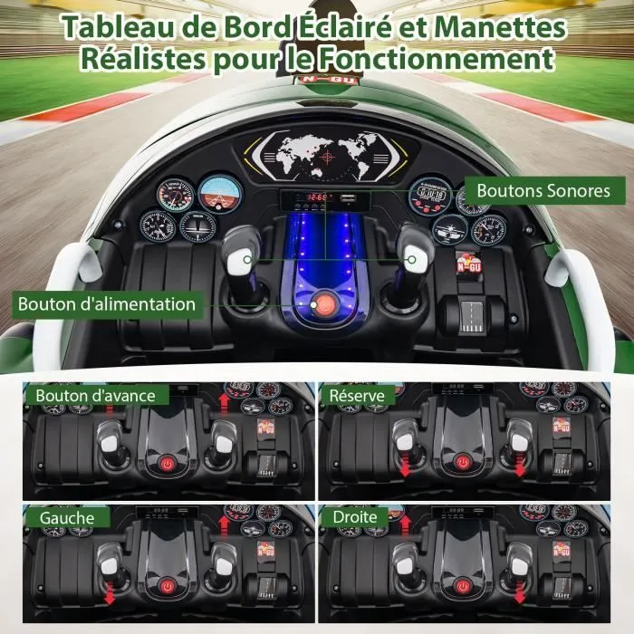 COSTWAY Avion Voiture Électrique Enfant avec Joysticks, Télécommande 2,4 G, Ailes Pliables et Hélice, Dérivable, 3 Ans+, Vert-3