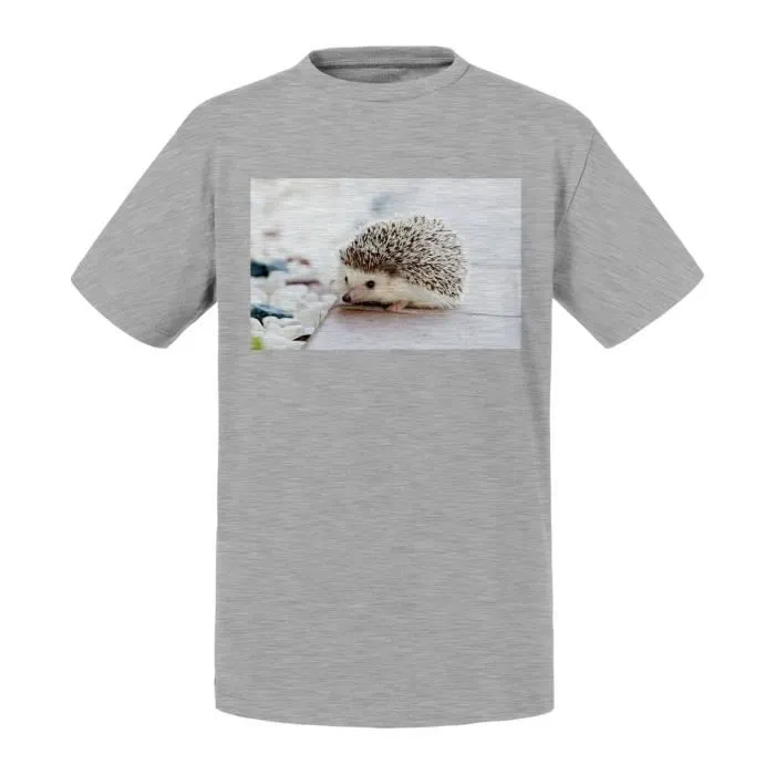 T-shirt Enfant Bleu Herisson Blanc Mignon Animaux de Jardin Nature Sauvage-0