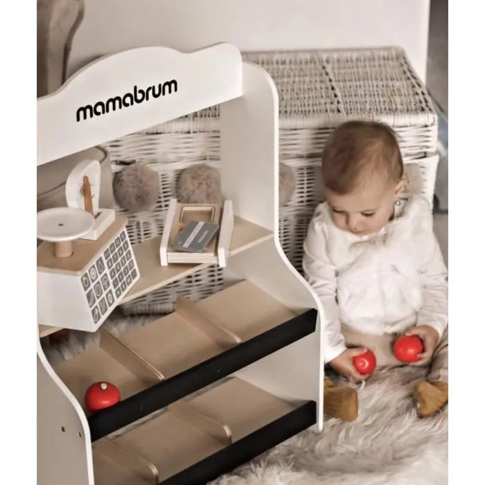 Mamabrum Marchande Enfant en bois 67 *46,5 *22 cm - Stand Vendeur Balance, Terminal avec Carte & 4 Pommes - Couleurs Ecologiques-1