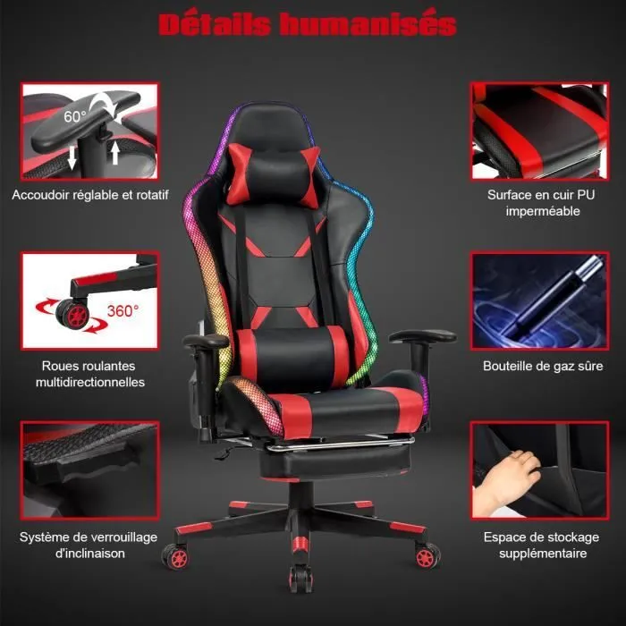 COSTWAY Chaise Gaming RVB , Fauteuil Gamer Éclairage LED 358 Effets en PU avec Dossier, Hauteur et Repose Pieds Réglable Rouge-1