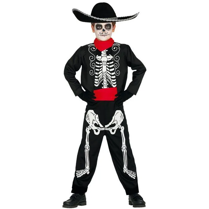 Déguisement Mariachi Jour des Morts Garçon 10/12 ans - Marque Squelette - Noir/Blanc - Polyester-0