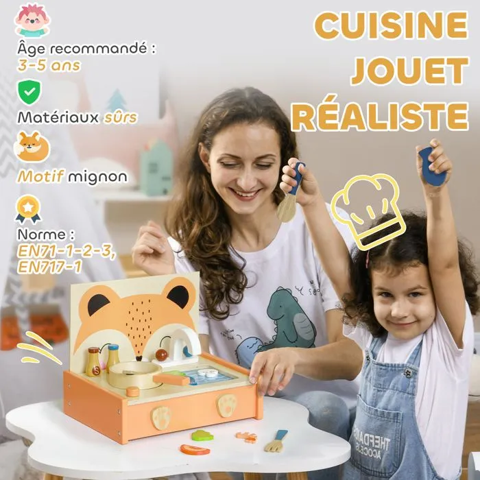 Mini-cuisine en bois - AIYAPLAY - jouet enfant motif renard 12 accessoires - poêle spatule condiments fruits légumes - pour 3-5 ans-4