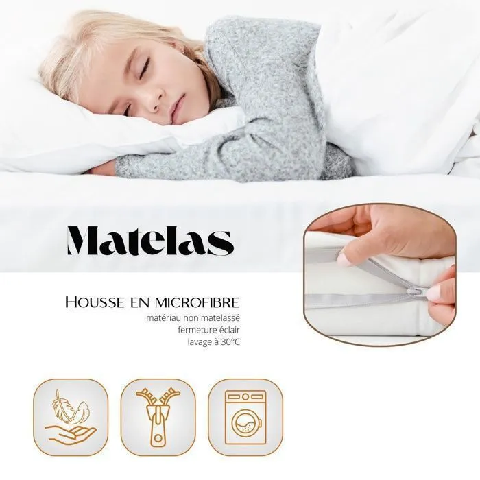 Matelas 90x190 enfant, 12 cm H3, mousse respirante, housse hypoallergénique lavable, double face, certifié Oeko-Tex 100-4