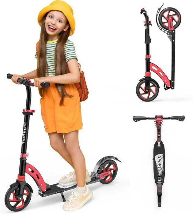 Trottinette Enfants 6 Ans+, Système de Double Suspension pour Scooter de Ville, Trottinette Réglable 82-102 cm en Hauteur, Rouge-0